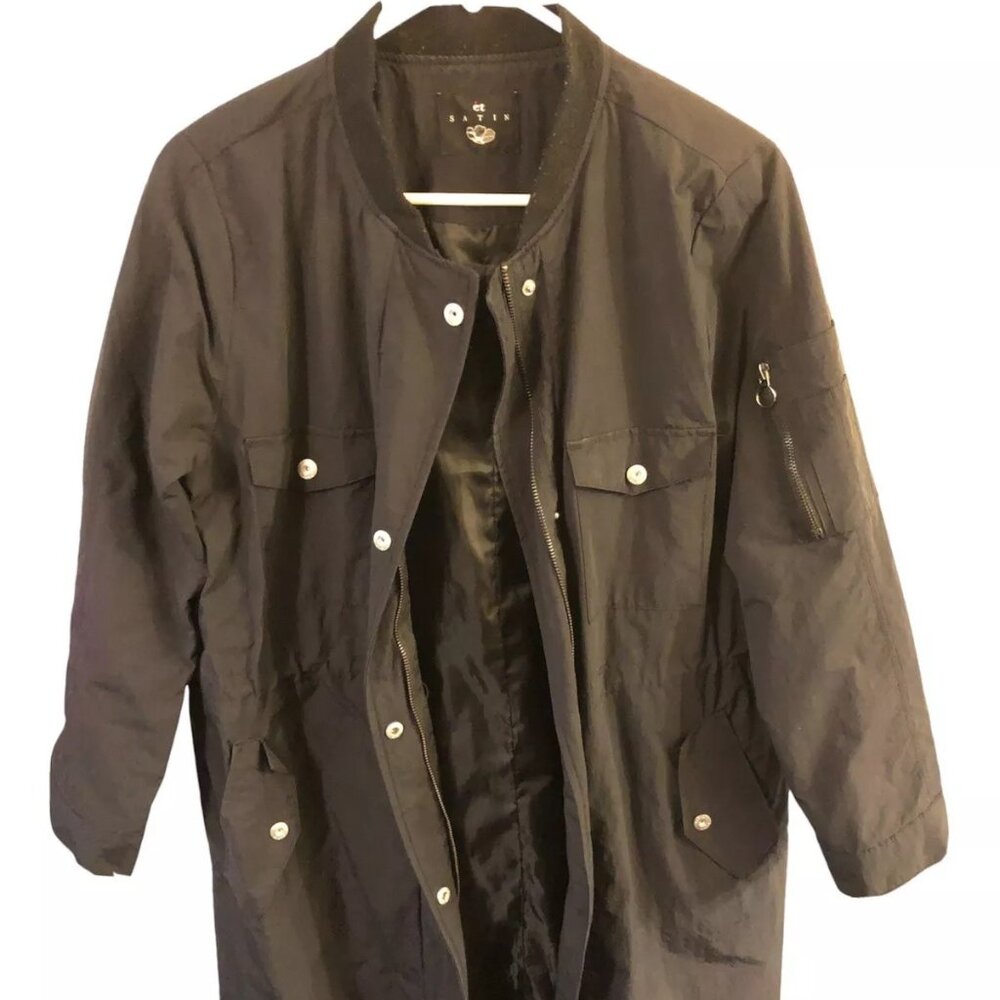 SATIN Womens Black Trench Bomber Coat (Medium)